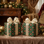 Luxury green and red vintage Christmas wrapping paper with gold striped bows by Wrapped Studios.