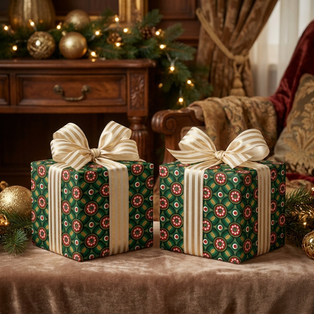 Luxury green and red vintage Christmas wrapping paper with gold striped bows by Wrapped Studios.