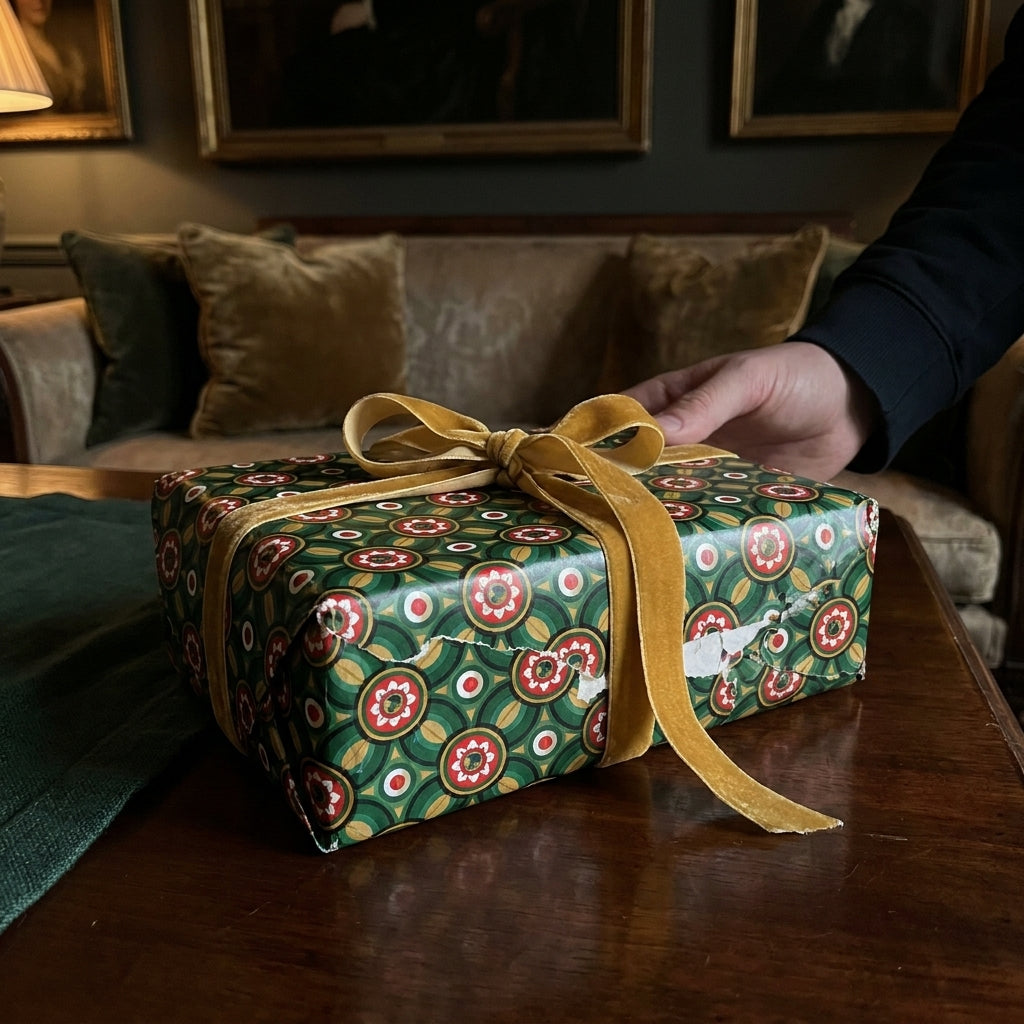 Luxury Christmas wrapping paper in a vintage green pattern with gold velvet ribbon by Wrapped Studios.