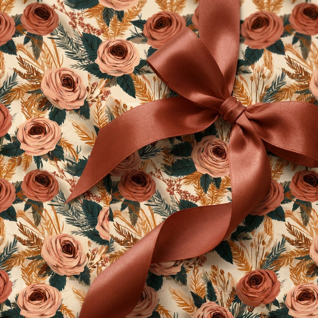 Vintage boho floral wrapping paper with terracotta roses and satin ribbon, luxury gift wrap by Wrapped Studios.