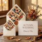 Terracotta floral wedding invitation and boho envelope liners by Wrapped Studios.