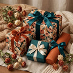 Vintage floral wrapping paper and luxury gift wrap with teal and rust ribbons by Wrapped Studios.