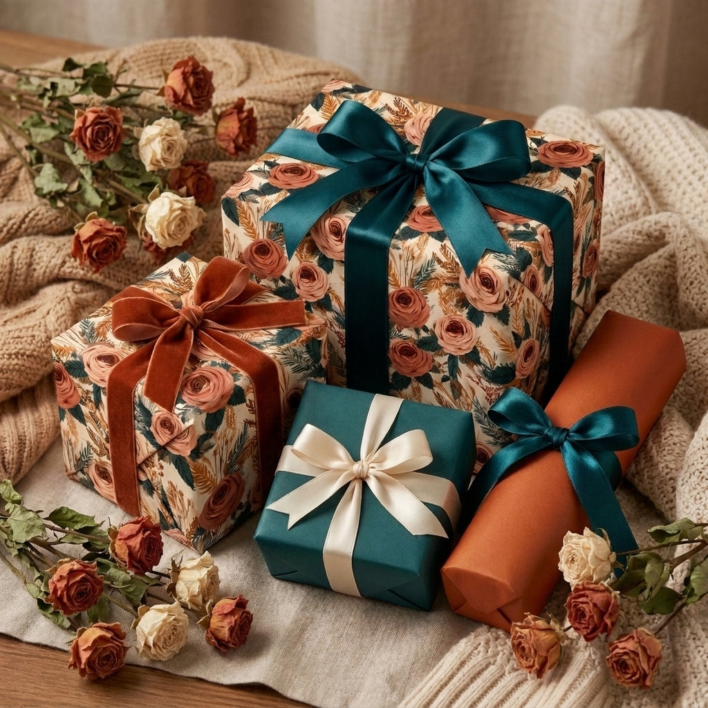 Vintage floral wrapping paper and luxury gift wrap with teal and rust ribbons by Wrapped Studios.
