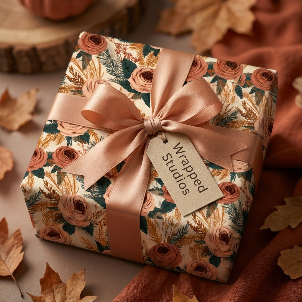 Elegant fall floral wrapping paper by Wrapped Studios with a dusty rose satin bow and autumn leaves.