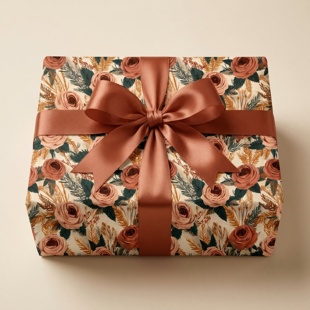 Vintage floral wrapping paper in terracotta and sage with a satin bow on a gift box by Wrapped Studios.