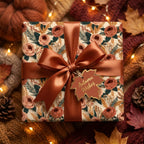 Luxury autumn floral wrapping paper with copper satin ribbon and leaf tag by Wrapped Studios.
