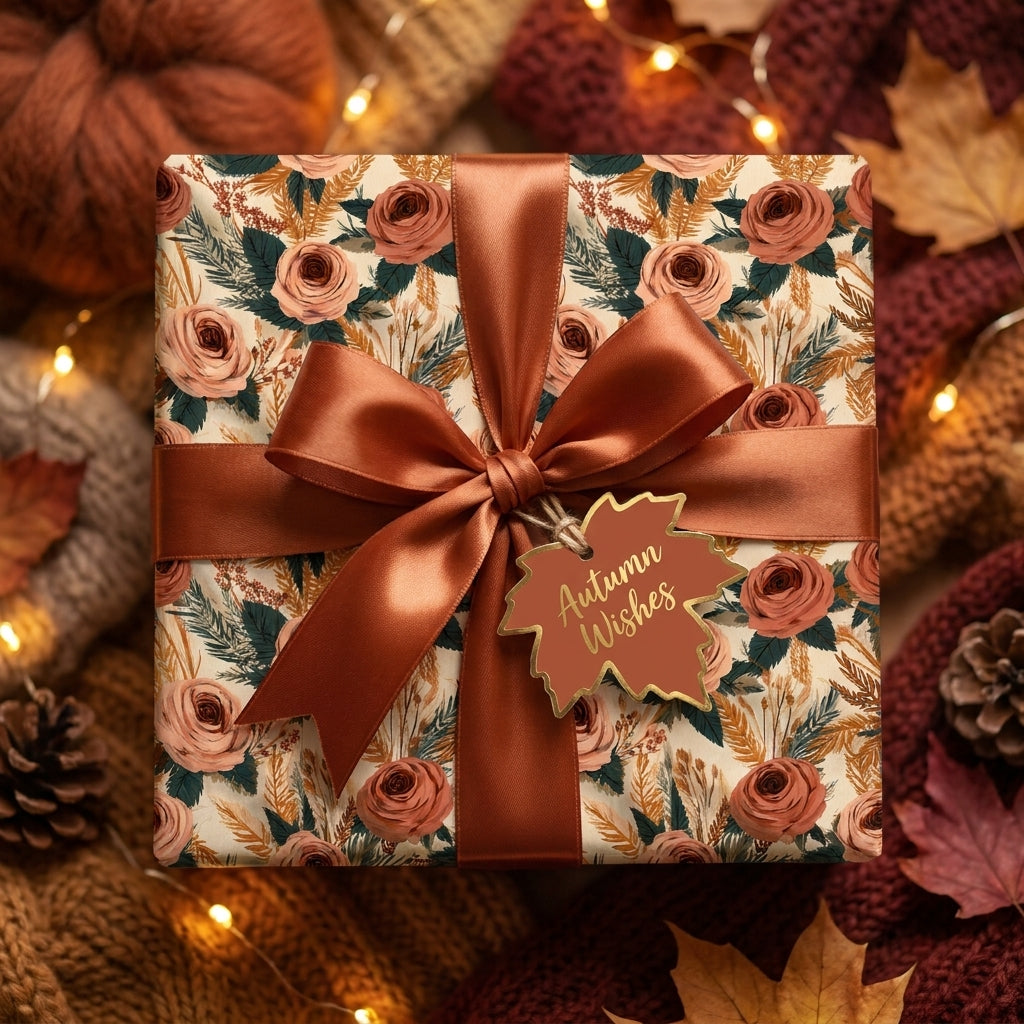 Luxury autumn floral wrapping paper with copper satin ribbon and leaf tag by Wrapped Studios.