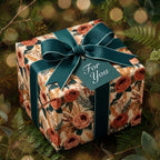 Vintage floral wrapping paper with dusty rose roses and teal ribbon, luxury gift wrap by Wrapped Studios.