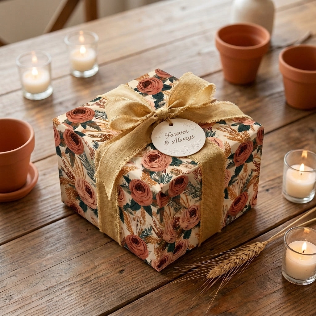 Rustic floral wrapping paper with terracotta roses and gold ribbon on a wedding gift by Wrapped Studios.