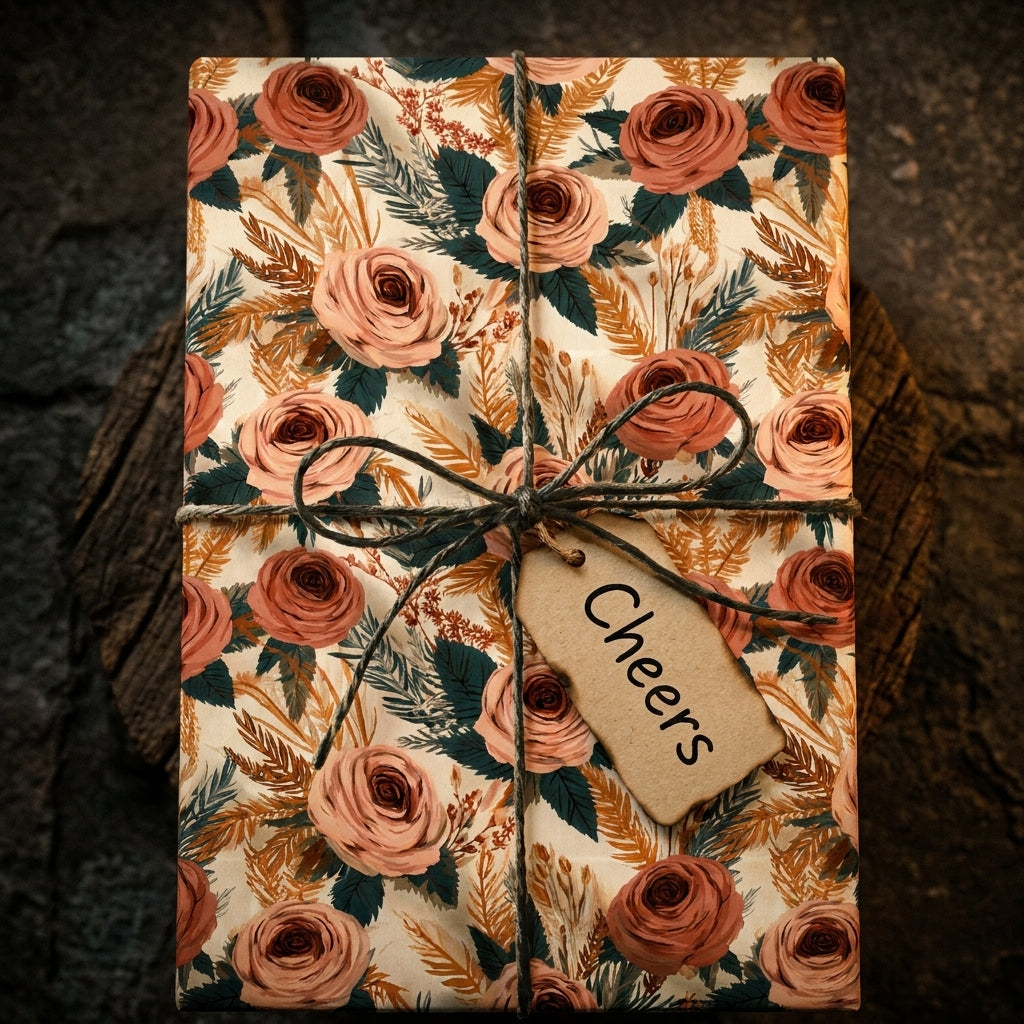 Vintage floral wrapping paper with terracotta roses and twine on a gift box by Wrapped Studios.