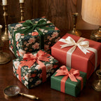 Elegant vintage floral wrapping paper and luxury Christmas gift wrap with velvet ribbons by Wrapped Studios.