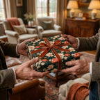 Hands holding a luxury gift in dark green vintage floral wrapping paper with velvet ribbon by Wrapped Studios.