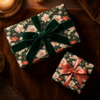 Luxury vintage floral wrapping paper with elegant velvet bows on gifts by Wrapped Studios.