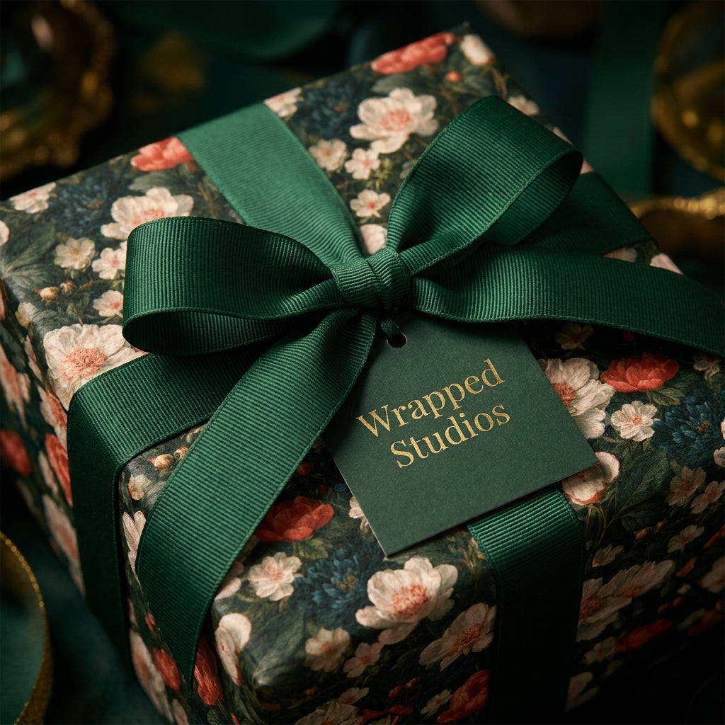 Luxury vintage floral wrapping paper tied with a dark green ribbon and Wrapped Studios tag.