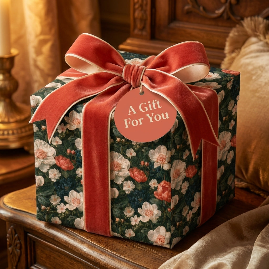 Luxury green vintage floral wrapping paper with a terracotta velvet bow by Wrapped Studios.
