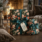 Elegant floral Christmas wrapping paper with teal satin ribbon by Wrapped Studios.