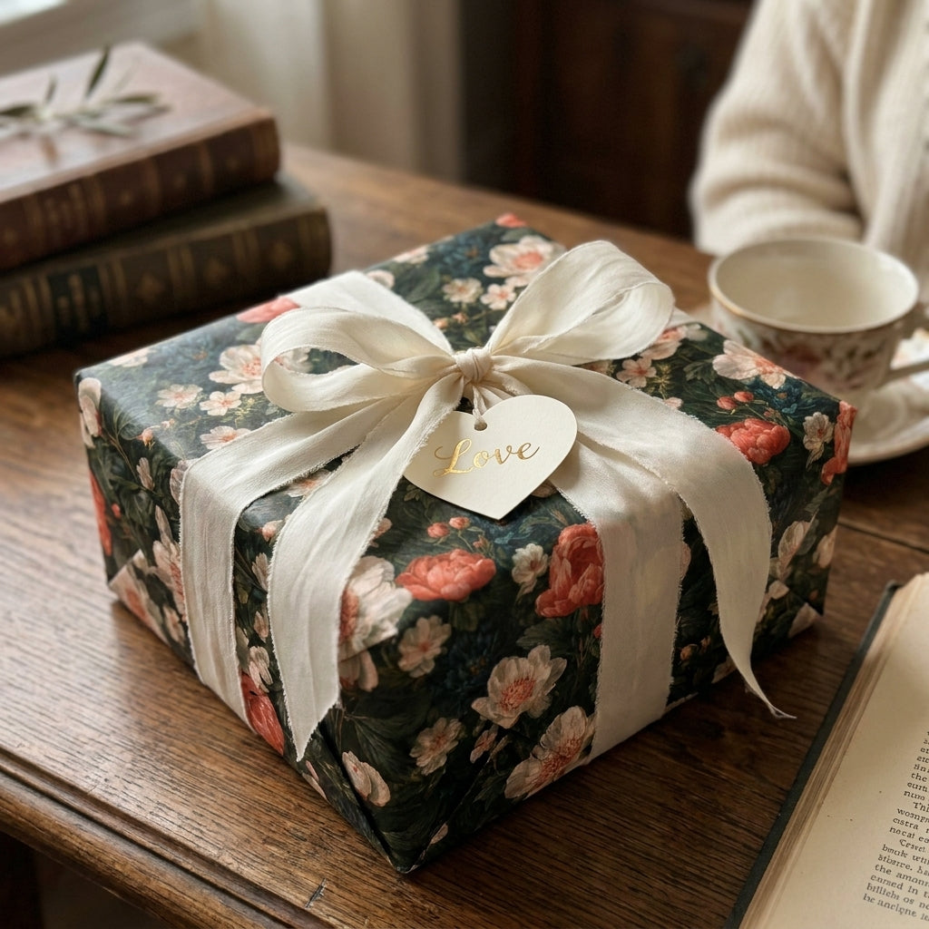 Luxury vintage floral wrapping paper with a white silk ribbon and "Love" heart tag by Wrapped Studios.