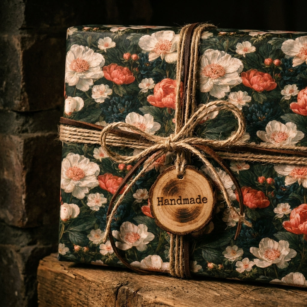 Vintage floral wrapping paper on a gift box with rustic twine and a handmade tag by Wrapped Studios.