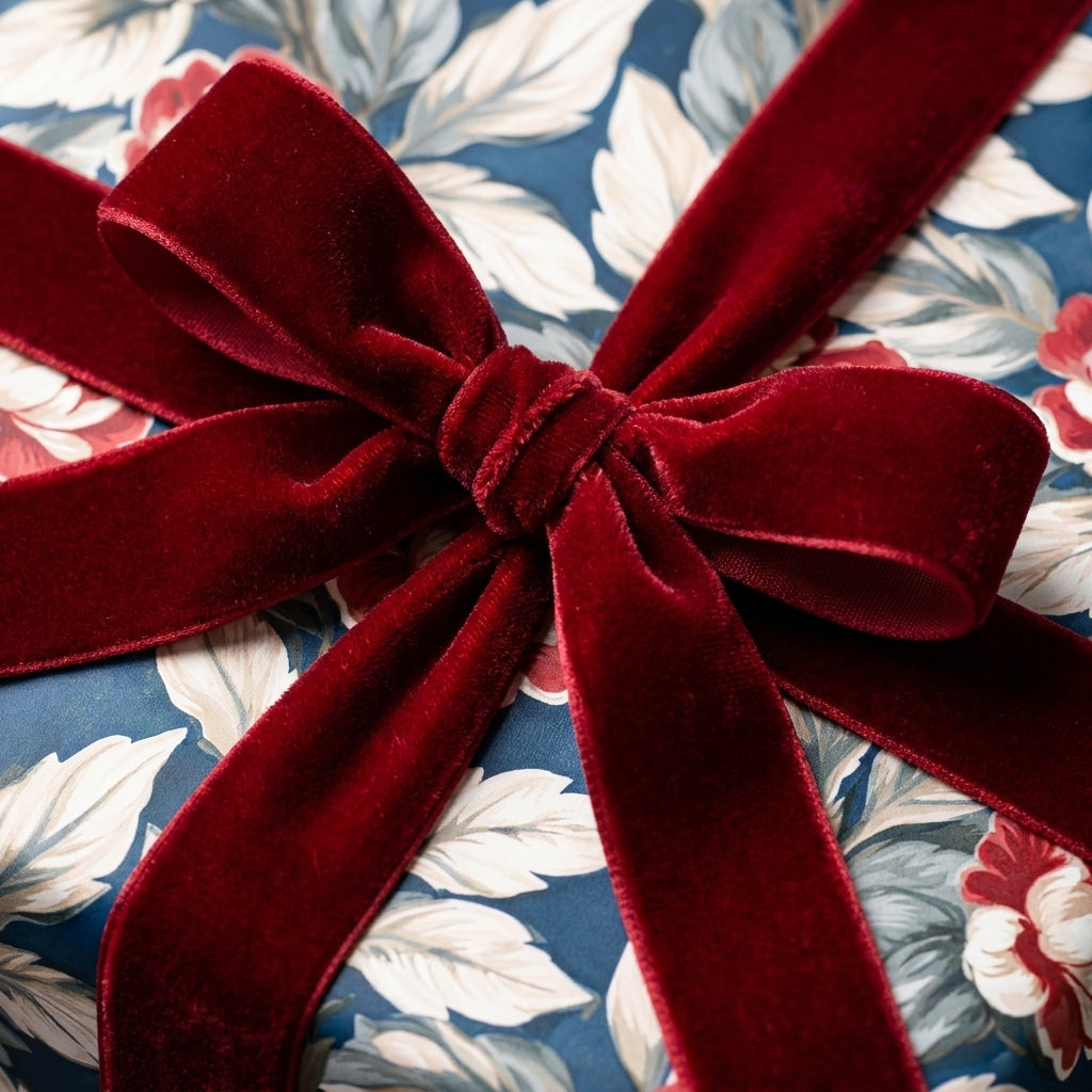Luxury floral wrapping paper in navy blue tied with a burgundy velvet ribbon bow by Wrapped Studios.