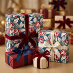 Luxury Christmas gift wrap with vintage navy blue and red floral pattern by Wrapped Studios.