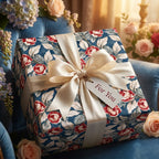Luxury navy and red floral wrapping paper with a cream satin bow on a gift box by Wrapped Studios.