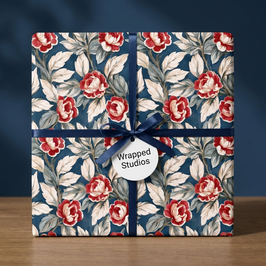 Luxury vintage floral wrapping paper with red roses and navy ribbon on a gift box by Wrapped Studios.