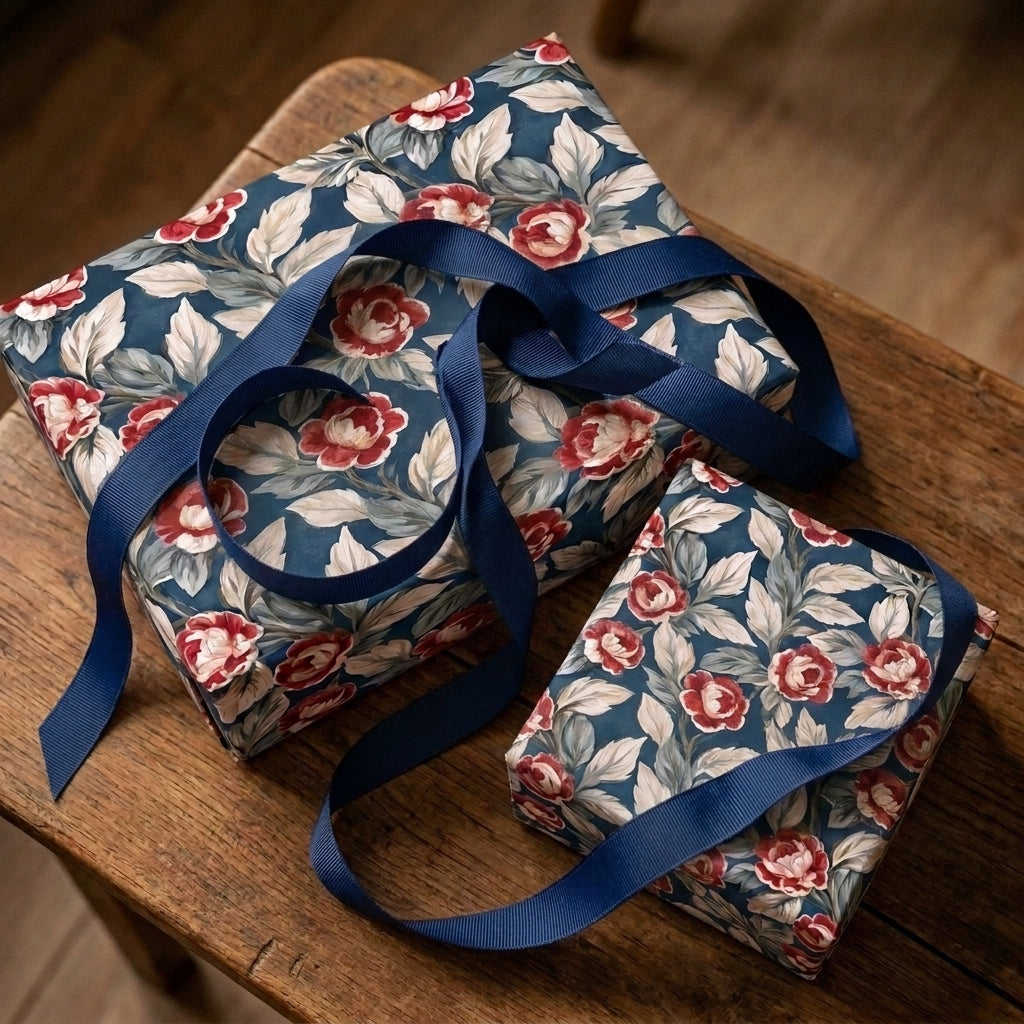 Luxury vintage floral wrapping paper with red roses and navy ribbon by Wrapped Studios.