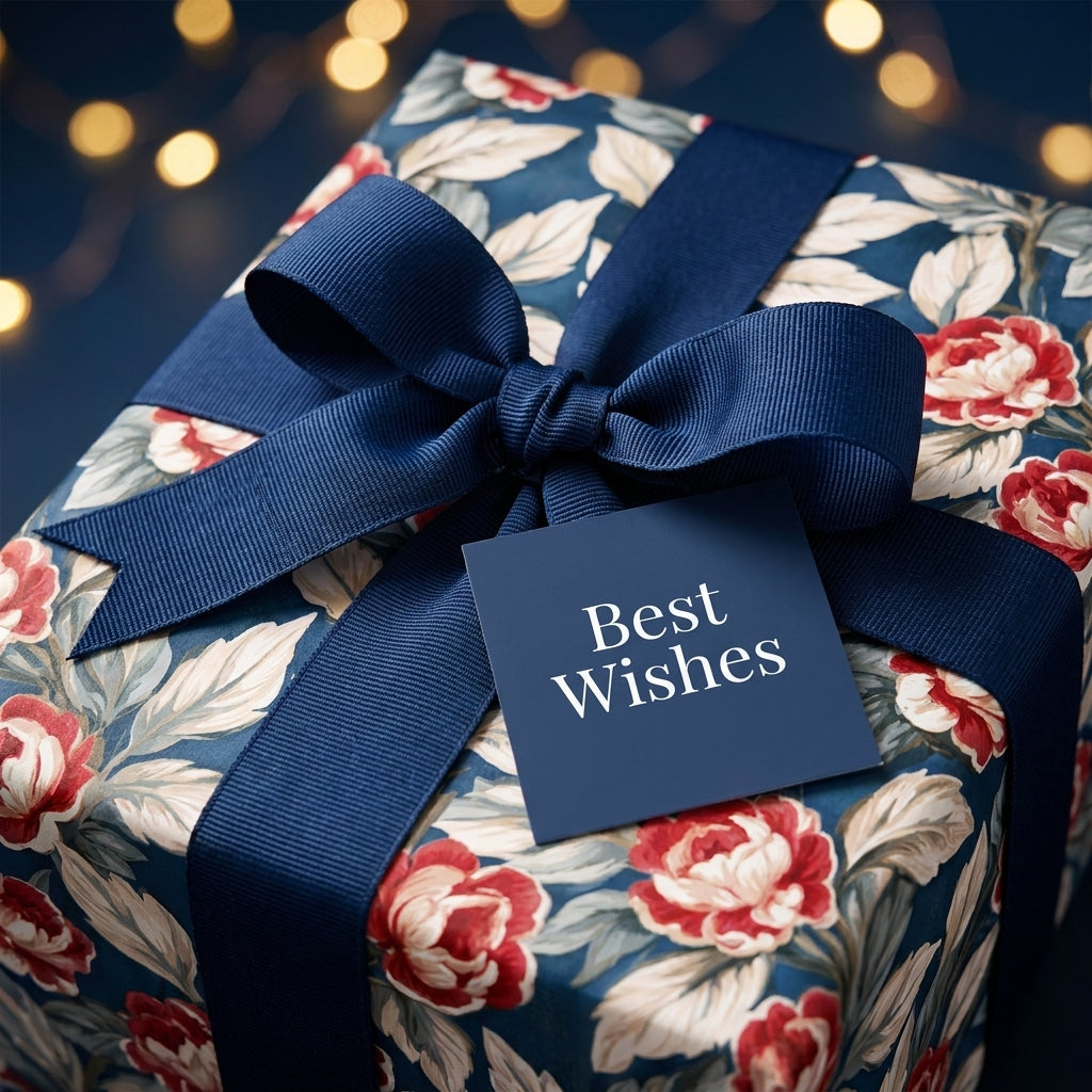 Luxury navy blue floral wrapping paper with red roses and a matching bow by Wrapped Studios.