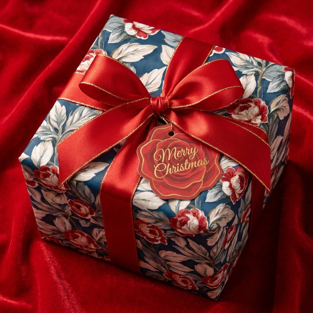 Luxury vintage floral Christmas wrapping paper with a red satin bow on red velvet by Wrapped Studios.