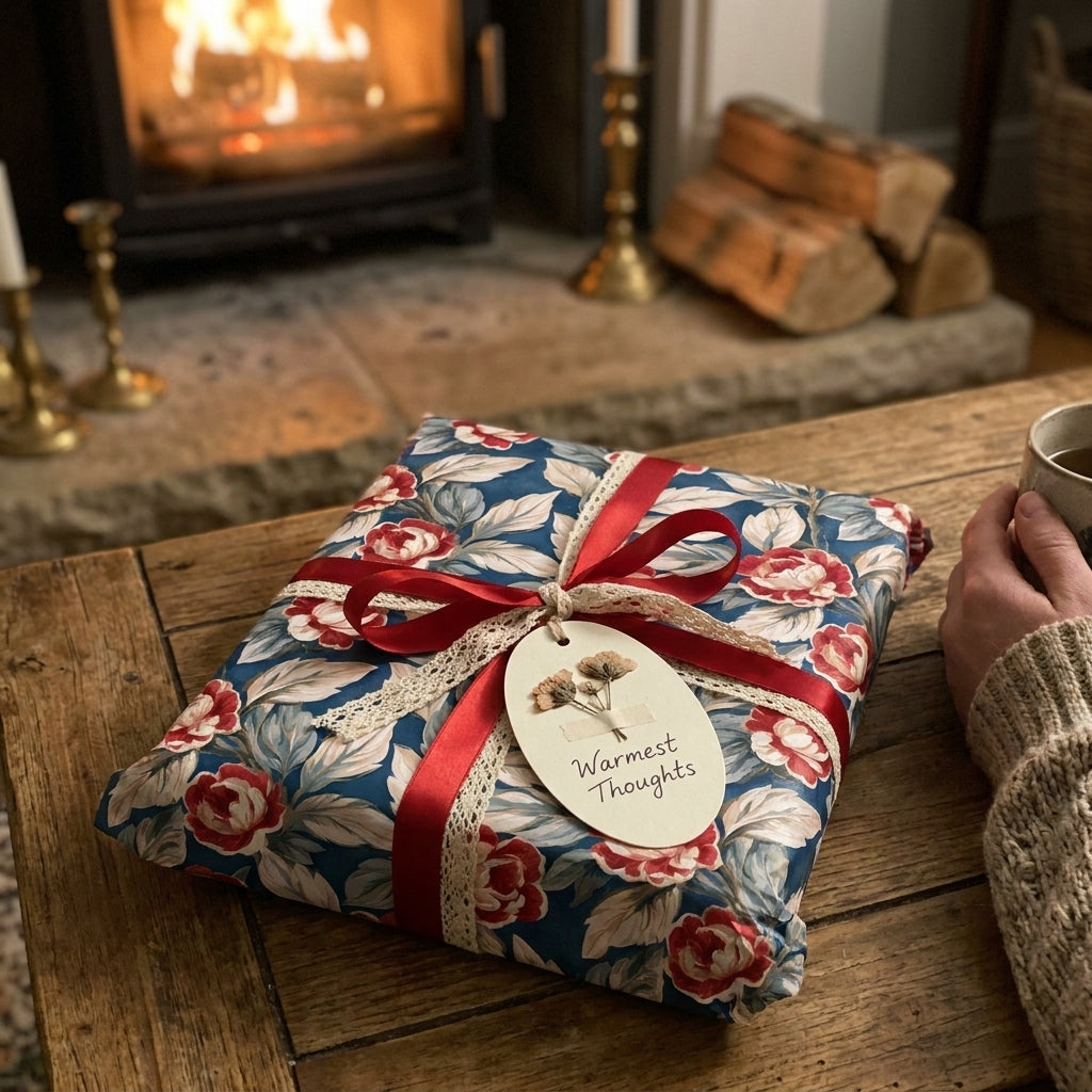Vintage floral wrapping paper in blue and red by Wrapped Studios, on a table by a cozy fireplace.