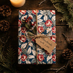 Vintage navy and red floral wrapping paper with rustic twine and gift tag by Wrapped Studios.