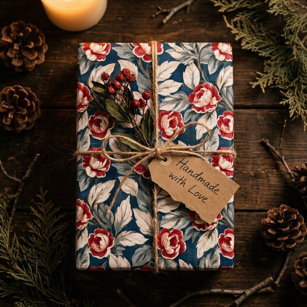Vintage navy and red floral wrapping paper with rustic twine and gift tag by Wrapped Studios.