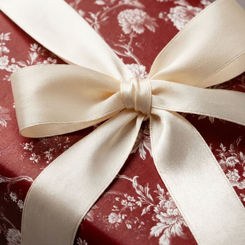 Luxury red and cream floral wrapping paper with a satin ribbon bow by Wrapped Studios.