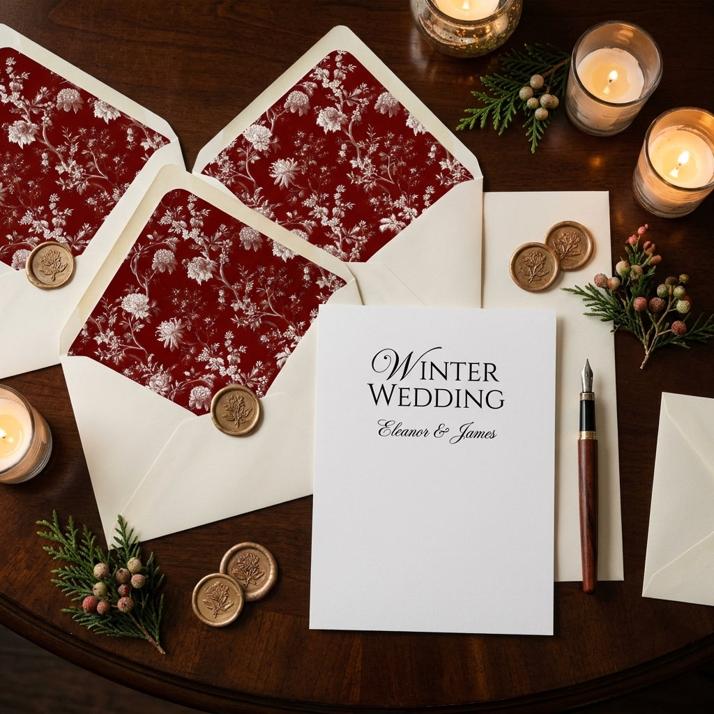 Elegant winter wedding invitation suite with burgundy floral envelope liners by Wrapped Studios.