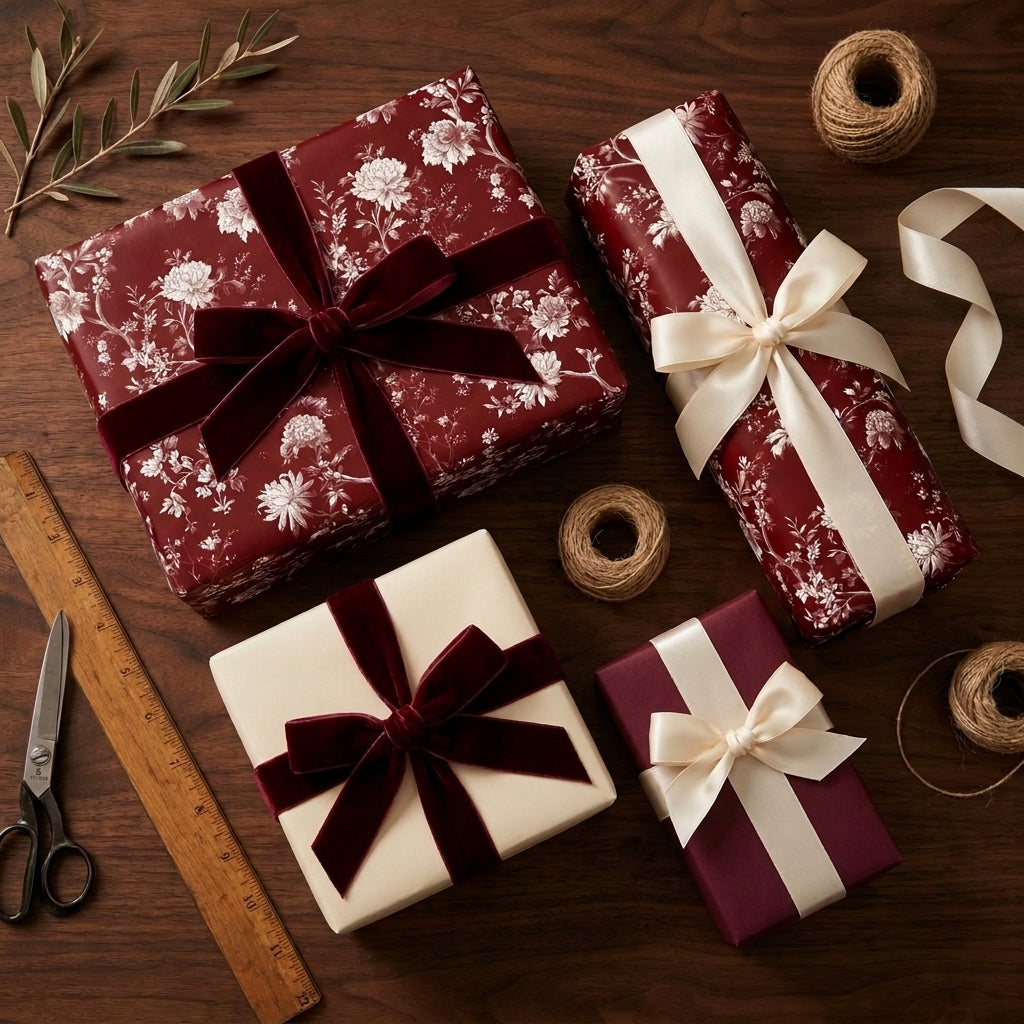 Vintage burgundy floral wrapping paper and luxury Christmas gift wrap by Wrapped Studios.