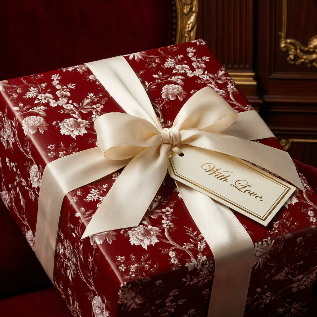 Vintage red floral wrapping paper with cream satin ribbon on a luxury gift box by Wrapped Studios.