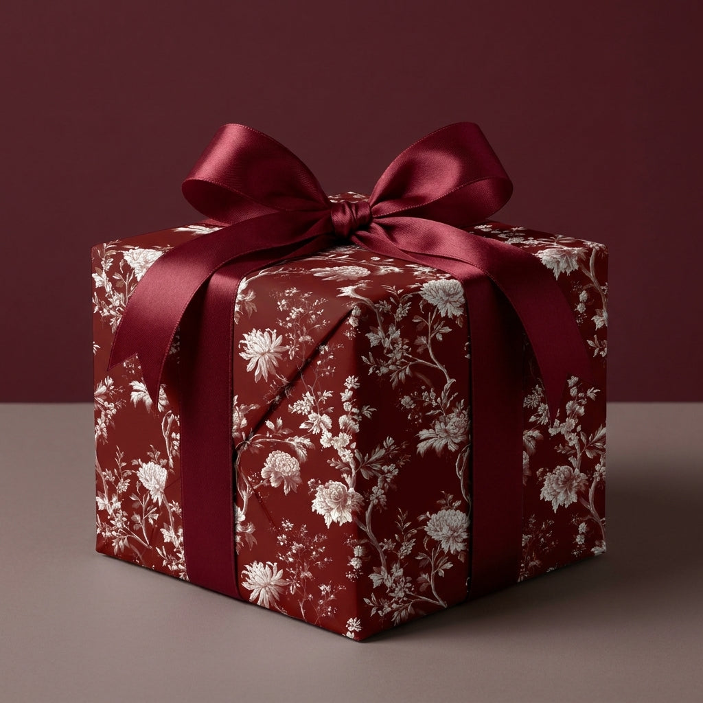 Luxury burgundy floral wrapping paper with a matching satin ribbon bow on a gift box by Wrapped Studios.