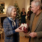 Senior couple exchanging a gift in elegant red floral Christmas wrapping paper by Wrapped Studios.