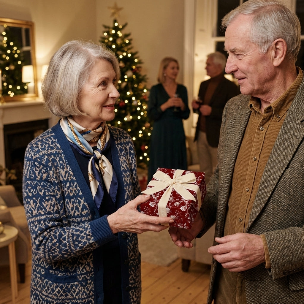 Senior couple exchanging a gift in elegant red floral Christmas wrapping paper by Wrapped Studios.