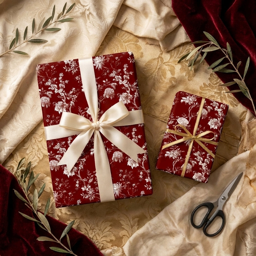 Luxury burgundy floral wrapping paper on holiday gift boxes with satin ribbons by Wrapped Studios.