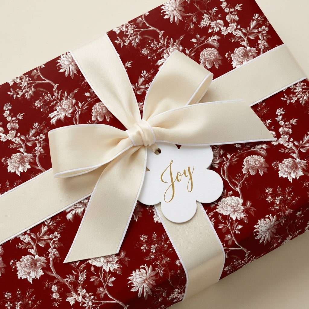 Red floral wrapping paper with cream bow and 'Joy' tag for luxury holiday gift wrap by Wrapped Studios.