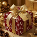 Luxury red floral Christmas gift wrap with a gold bow and holiday tag by Wrapped Studios.