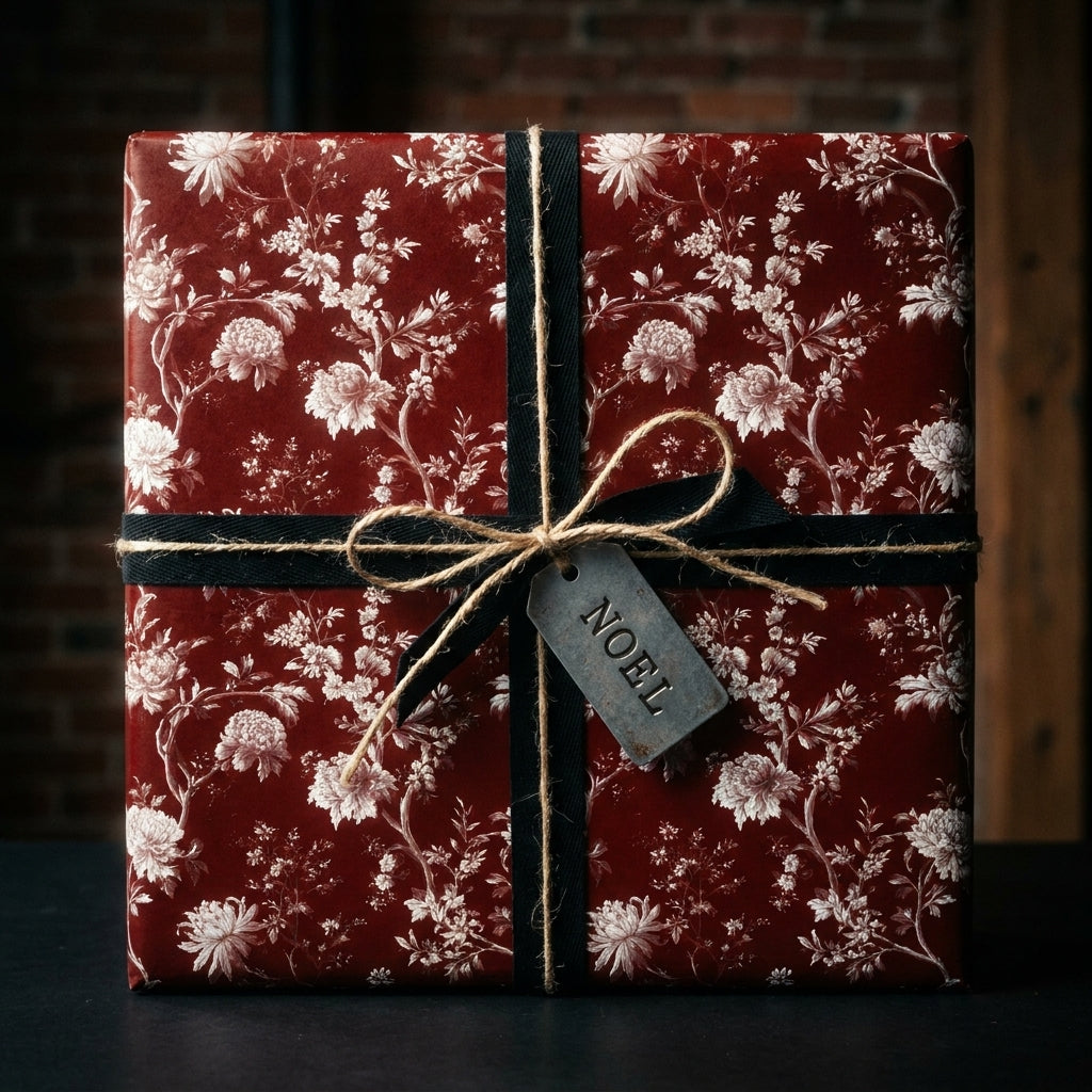 Vintage burgundy floral Christmas wrapping paper with a black ribbon and Noel tag by Wrapped Studios.