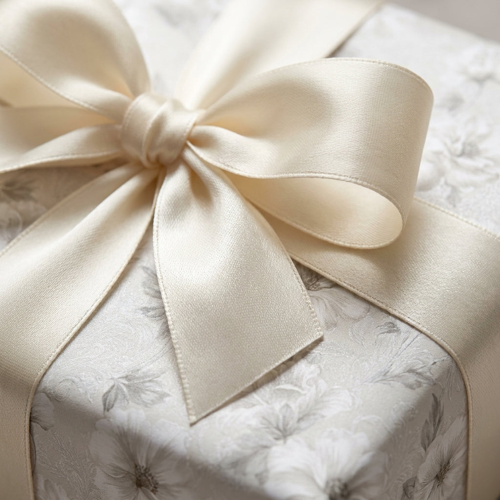 Elegant ivory floral wrapping paper with luxury cream satin bow for weddings, by Wrapped Studios.