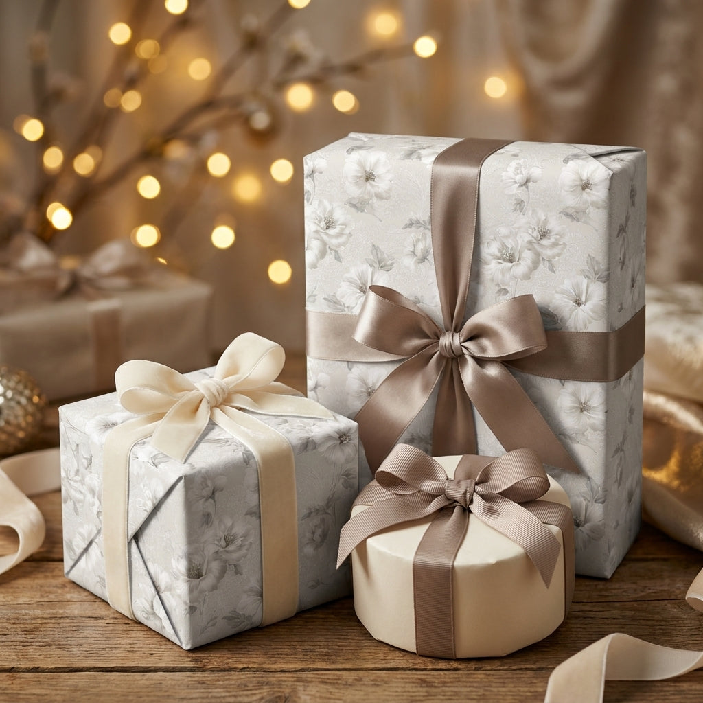 Elegant grey floral wrapping paper on luxury gift boxes with satin bows by Wrapped Studios.
