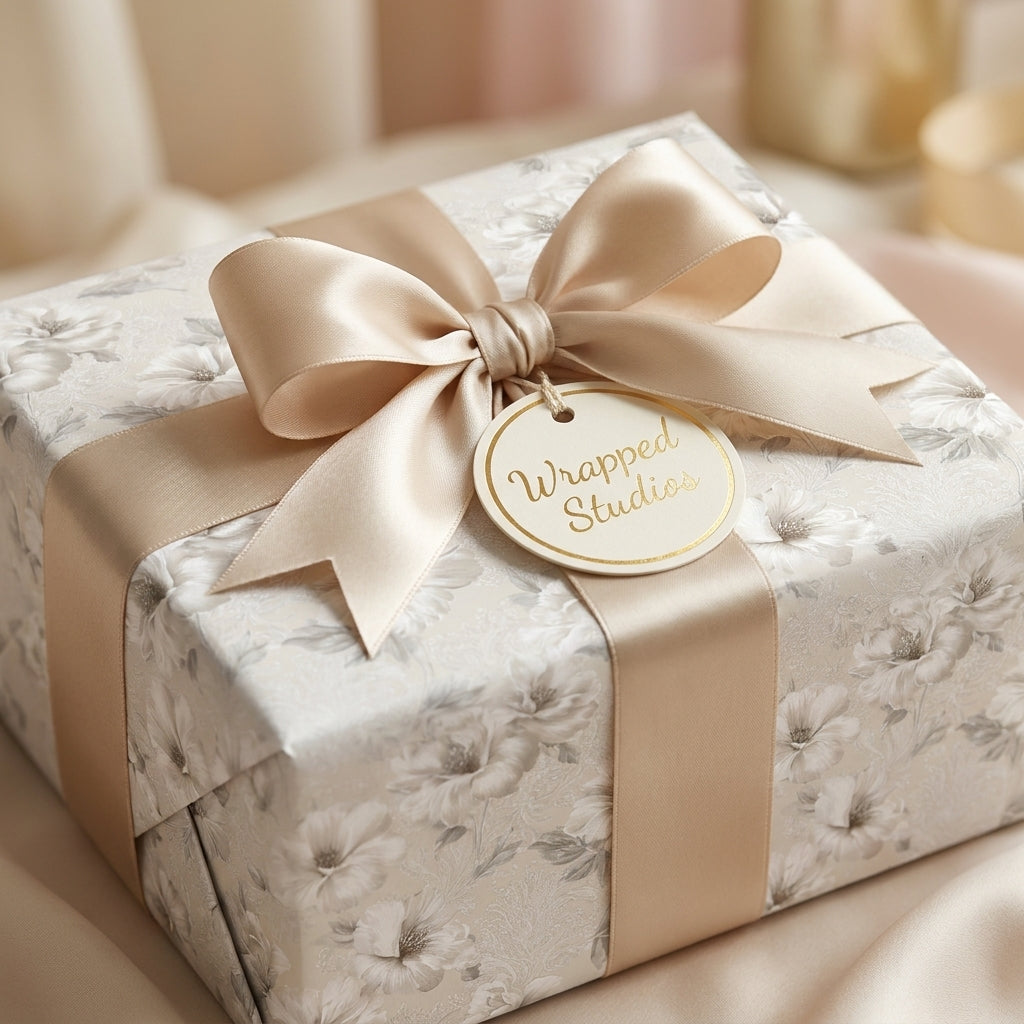 Elegant floral wrapping paper with champagne satin bow on a wedding gift box by Wrapped Studios.