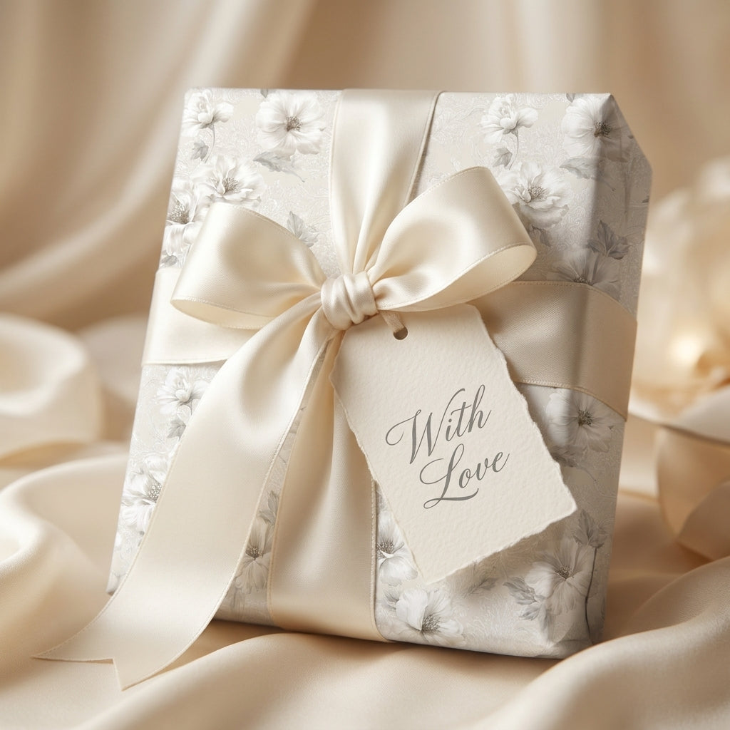 Elegant cream floral wrapping paper with a luxury satin bow and 'With Love' tag by Wrapped Studios.