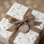 Luxury vintage floral wrapping paper with taupe velvet ribbon and gift tag by Wrapped Studios.