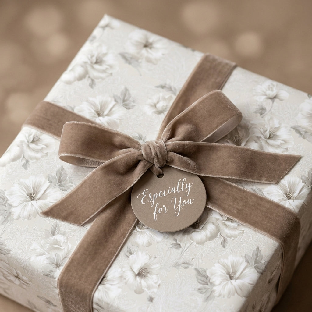 Luxury vintage floral wrapping paper with taupe velvet ribbon and gift tag by Wrapped Studios.