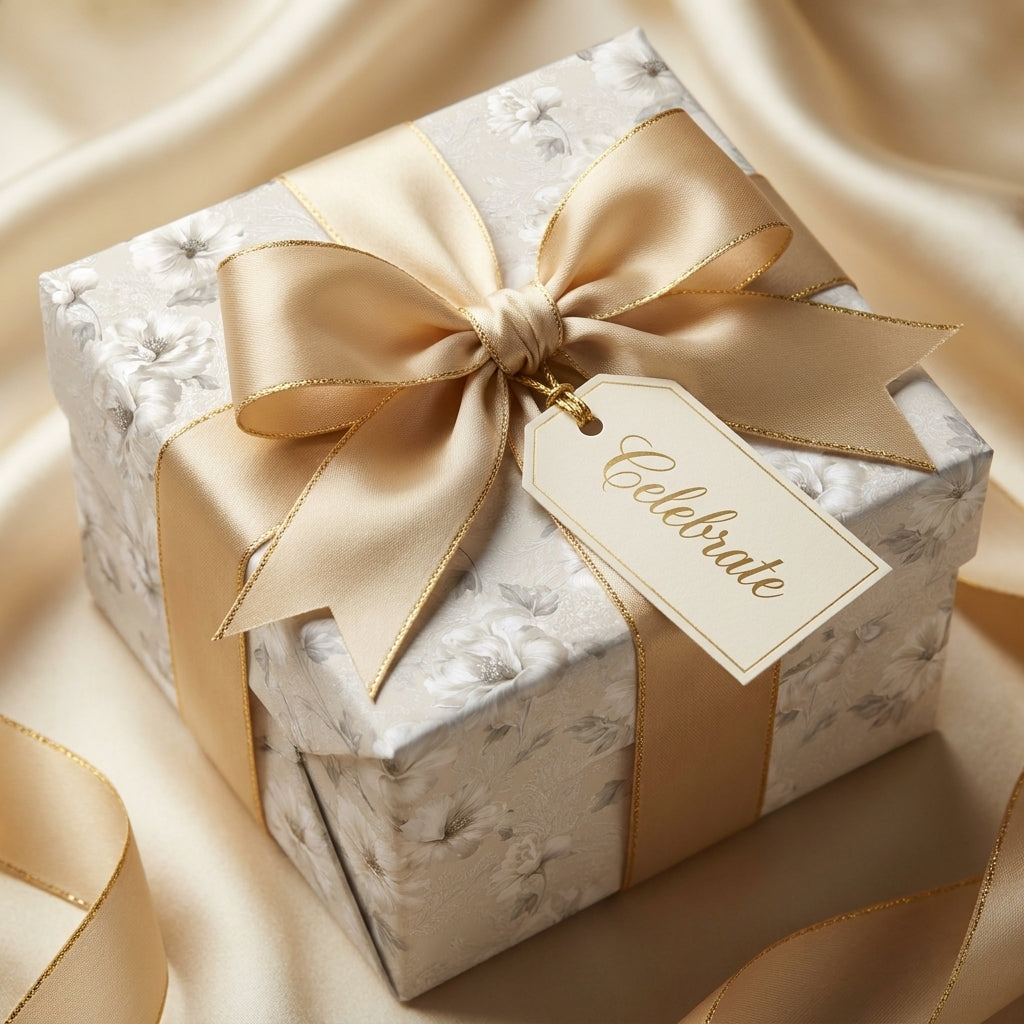 Elegant cream floral wrapping paper with a gold bow on a wedding gift box, by Wrapped Studios.